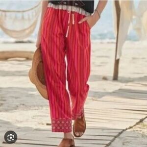 Sundance Striped Embroidered Drawstring Cropped Pants Linen Cotten Blend Large